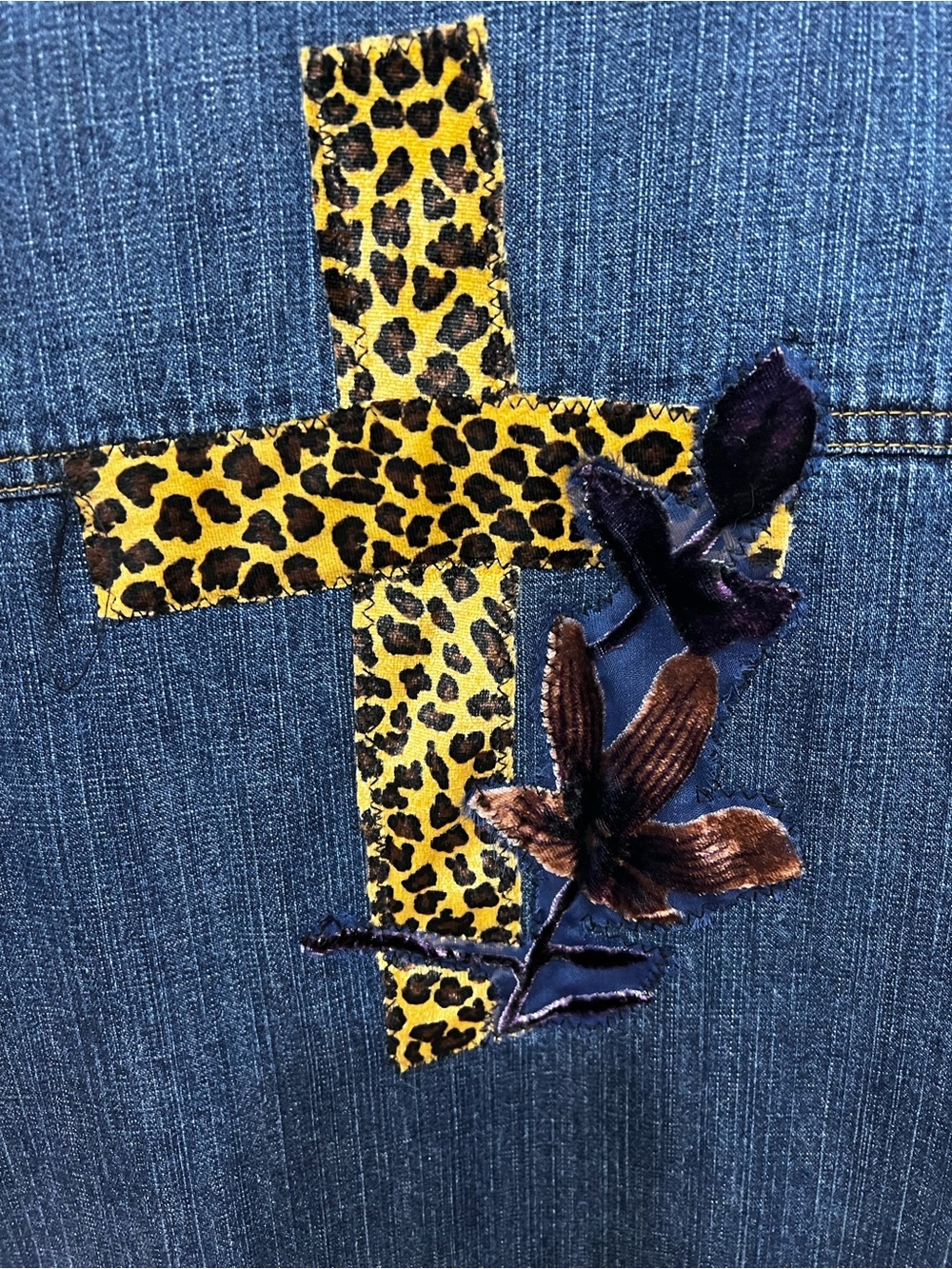 Upcycled Denim Jacket with Leopard Trim - Picture 2 of 3